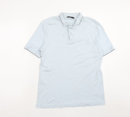 F&F Mens Blue Cotton Polo Size M Collared Button - Contrasting Trim