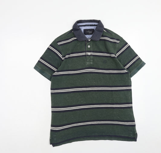 Marks and Spencer Mens Green Striped Cotton Polo Size M Collared Button