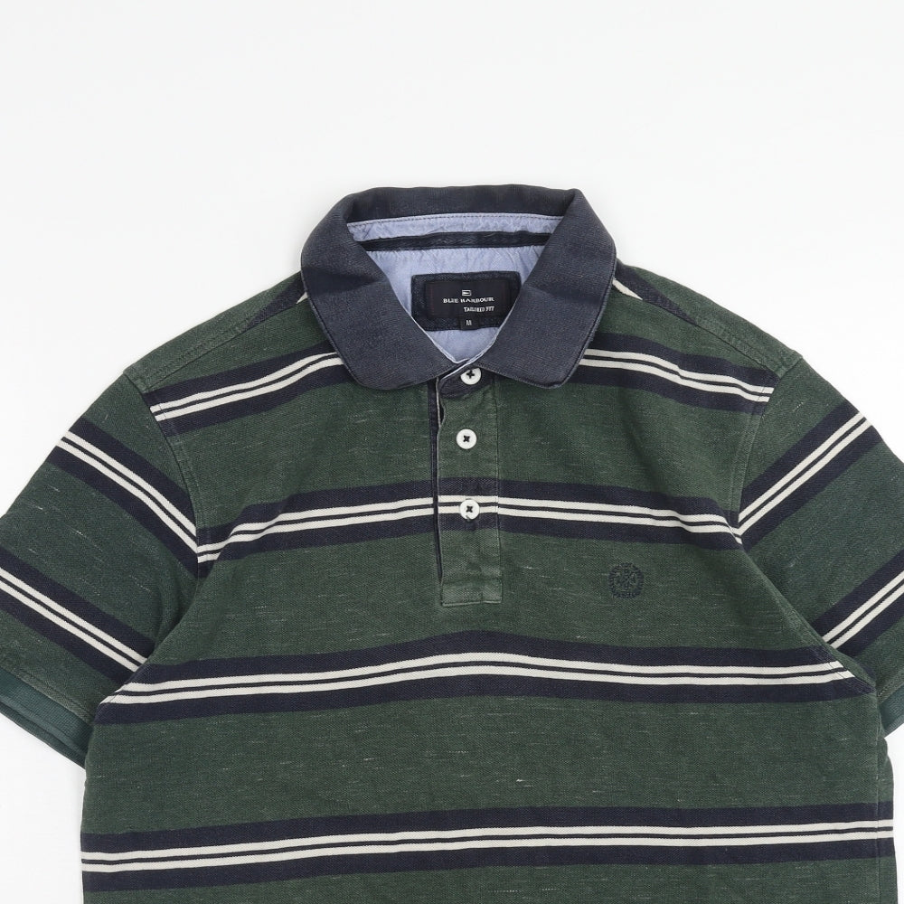 Marks and Spencer Mens Green Striped Cotton Polo Size M Collared Button