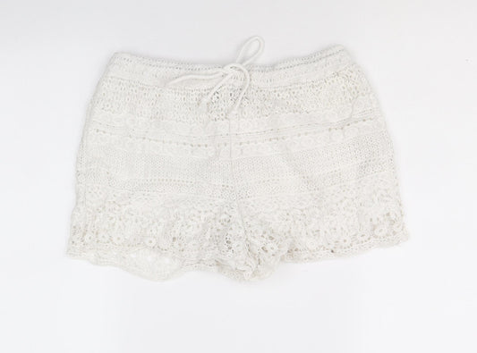 New Look Womens White Geometric Cotton Hot Pants Shorts Size L Regular Drawstring