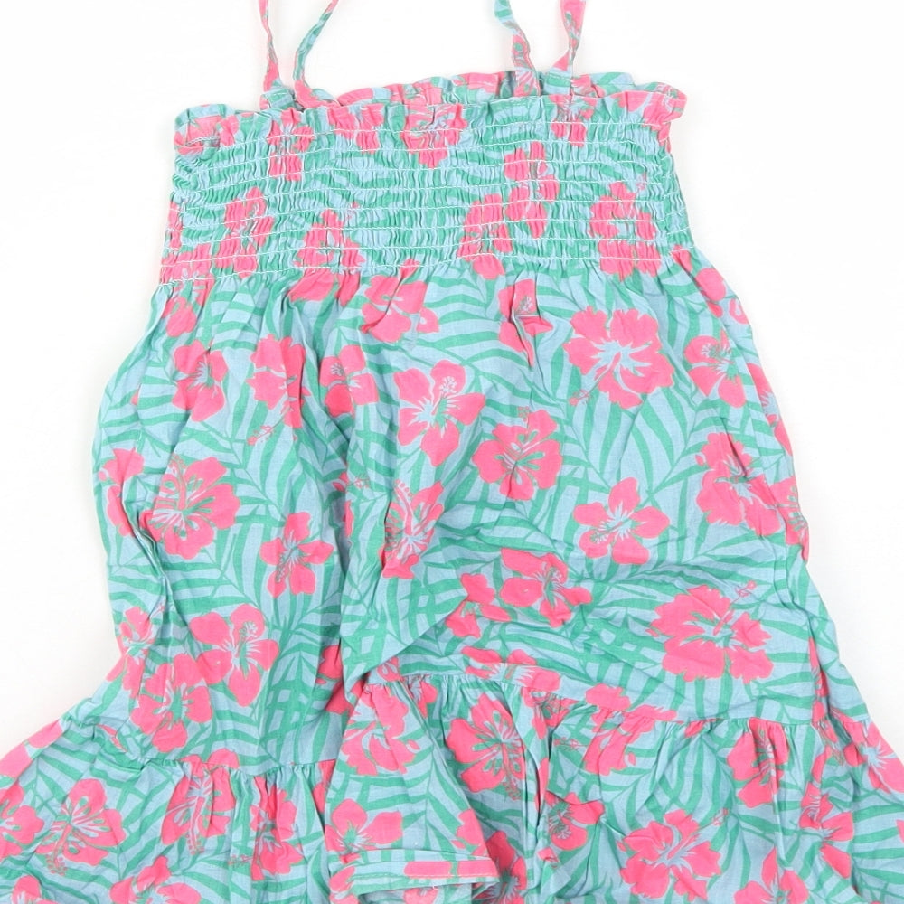 Primark Girls Green Floral Cotton Tank Dress Size 4-5 Years Square Neck Pullover - Shirred Top
