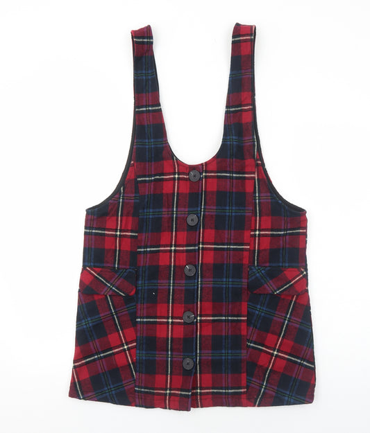 NEXT Girls Red Plaid Cotton Pinafore/Dungaree Dress Size 14 Years Scoop Neck Button