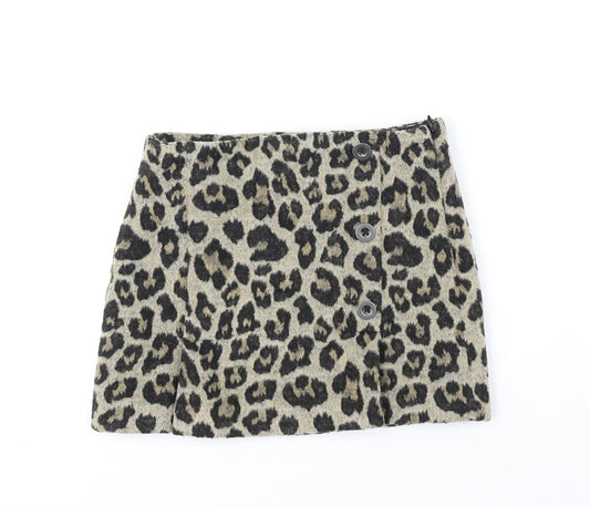 NEXT Girls Brown Animal Print Polyester Mini Skirt Size 7 Years Regular Zip - Leopard Print