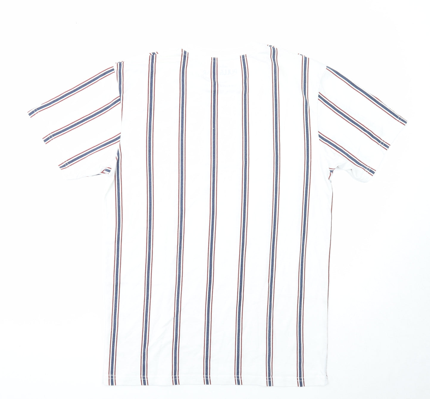 Pull&Bear Mens White Striped Cotton T-Shirt Size S Round Neck