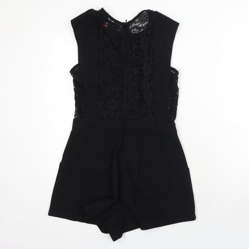 Boohoo Womens Black Polyester Playsuit One-Piece Size 6 Zip - Lace Detail