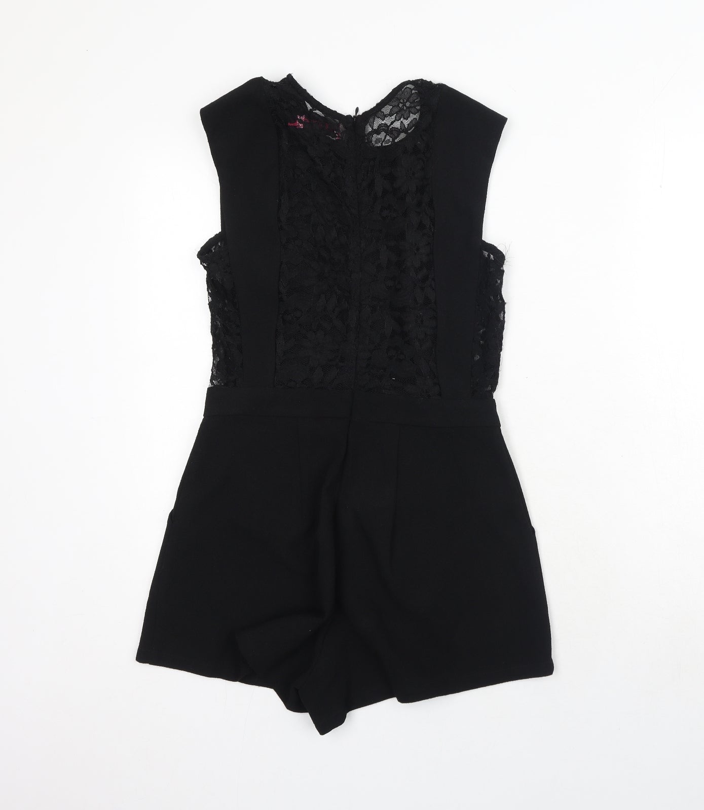 Boohoo Womens Black Polyester Playsuit One-Piece Size 6 Zip - Lace Detail
