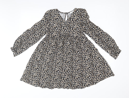 Marks and Spencer Girls Brown Animal Print Viscose A-Line Size 10-11 Years V-Neck Button - Leopard Print