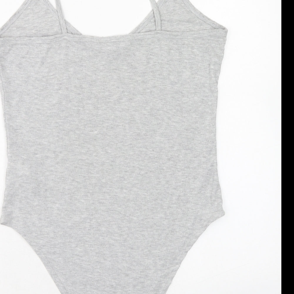 Primark Womens Grey Cotton Bodysuit One-Piece Size L Snap - Size 14-16, Ribbed