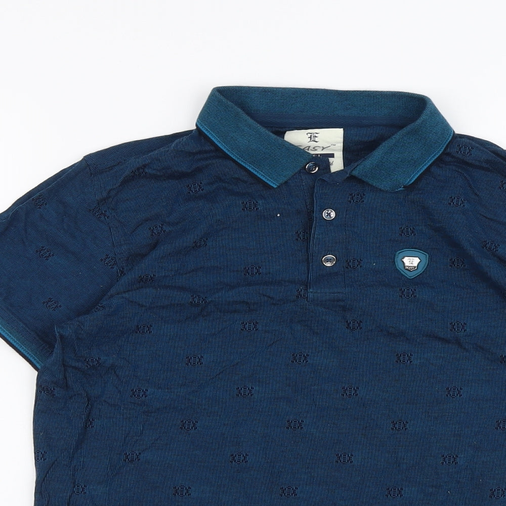 Easy Mens Blue Geometric Polyester Polo Size L Collared Button
