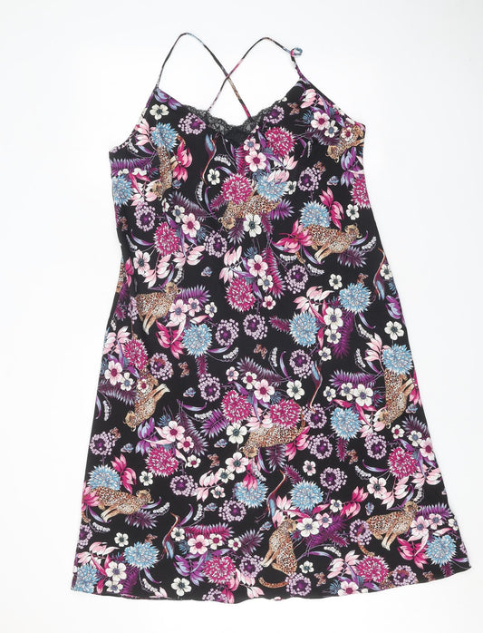 Sleep Well Womens Black Geometric Polyester Cami Dress Size S - Leopard Lace Trim