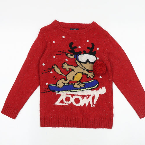 NEXT Boys Red Round Neck Acrylic Pullover Jumper Size 6 Years Pullover - Reindeer Zoom!