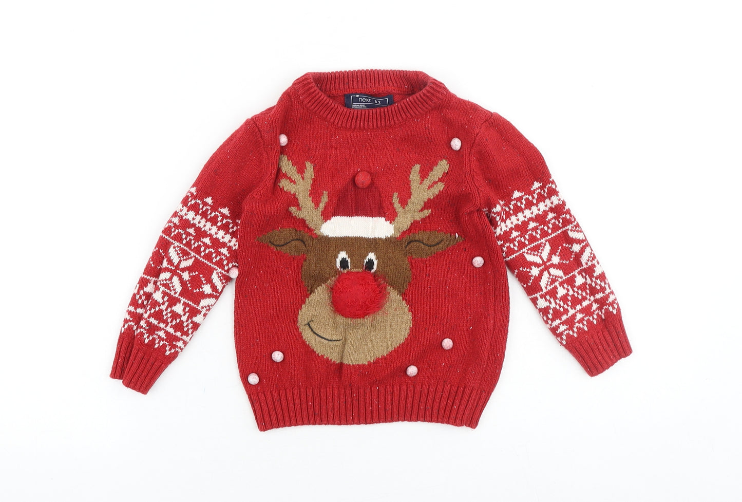 NEXT Boys Red Round Neck Fair Isle Acrylic Pullover Jumper Size 3 Years Pullover - Christmas Rudolph