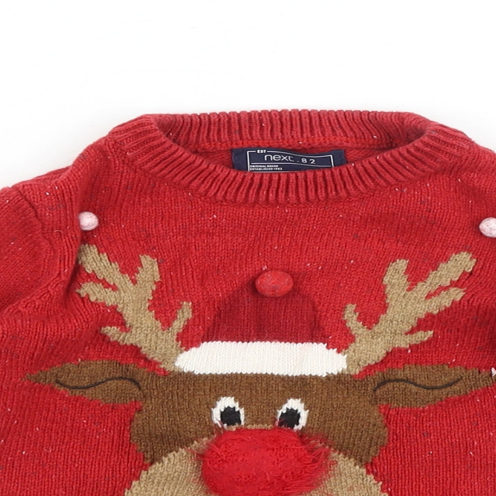 NEXT Boys Red Round Neck Fair Isle Acrylic Pullover Jumper Size 3 Years Pullover - Christmas Rudolph