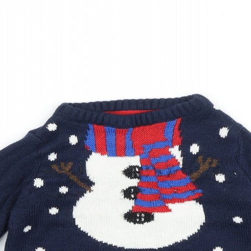 Preworn Boys Blue Round Neck Acrylic Pullover Jumper Size 3-4 Years Pullover - Christmas Snowman