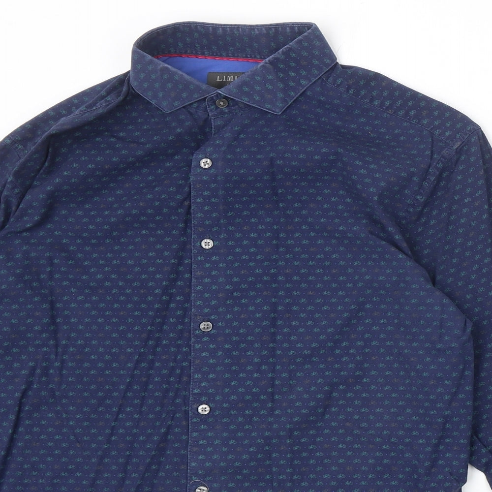 Marks and Spencer Mens Blue Geometric 100% Cotton Dress Shirt Size 15.5 Collared Button - Bicycle Print