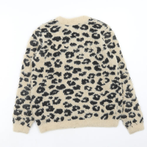 Marks and Spencer Girls Brown Round Neck Animal Print Polyamide Pullover Jumper Size 11-12 Years Pullover - Leopard print