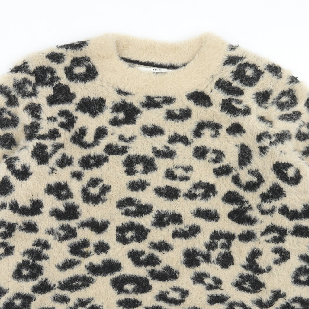 Marks and Spencer Girls Brown Round Neck Animal Print Polyamide Pullover Jumper Size 11-12 Years Pullover - Leopard print