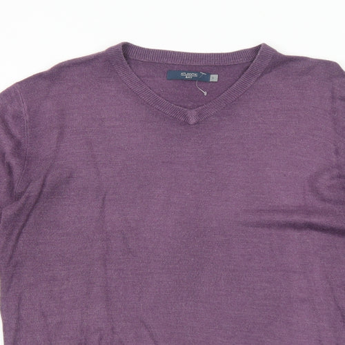 Atlantic Bay Mens Purple V-Neck Acrylic Pullover Jumper Size S Long Sleeve