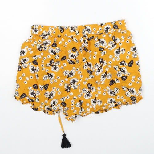 Primark Womens Yellow Floral Viscose Basic Shorts Size 6 Regular Drawstring