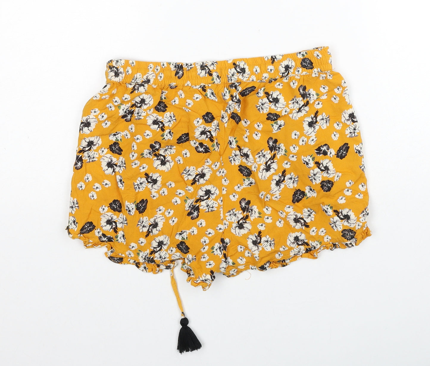 Primark Womens Yellow Floral Viscose Basic Shorts Size 6 Regular Drawstring