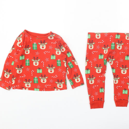 F&F Red Geometric 100% Cotton Set Pyjama Set Size 12-18 Months Button - Christmas Reindeer