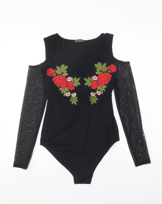 Select Womens Black Floral Viscose Bodysuit One-Piece Size 8 Snap - Cold Shoulder Mesh Sleeve