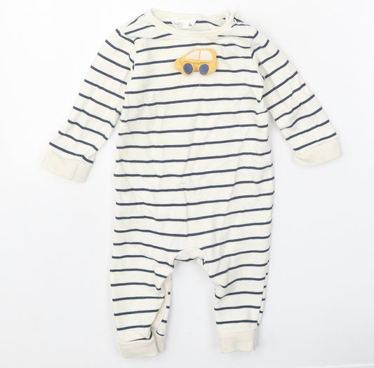 M&Co Baby White Striped Cotton Babygrow One-Piece Size 3-6 Months Snap - Car