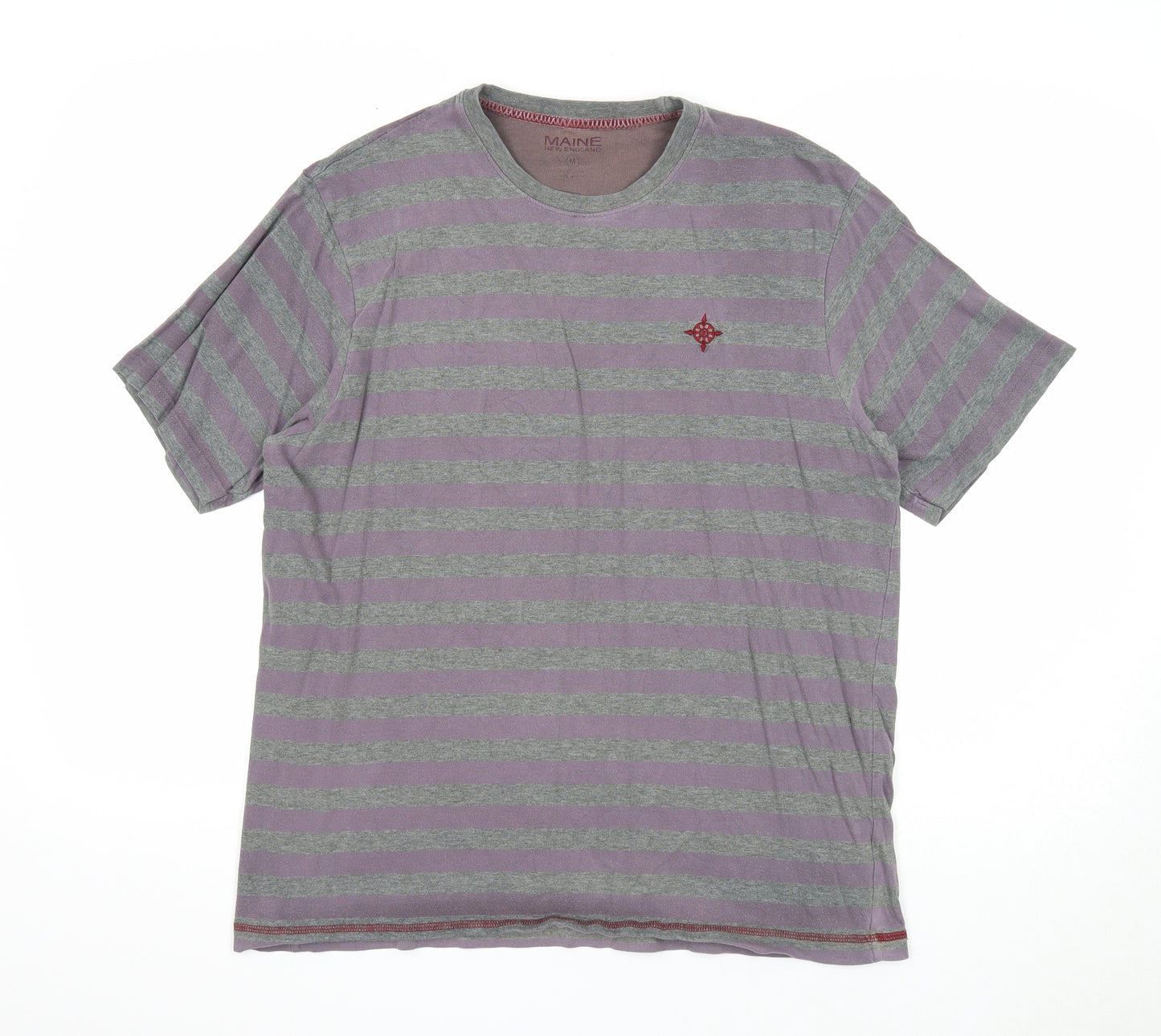 Maine New England Mens Grey Striped Cotton T-Shirt Size M Round Neck