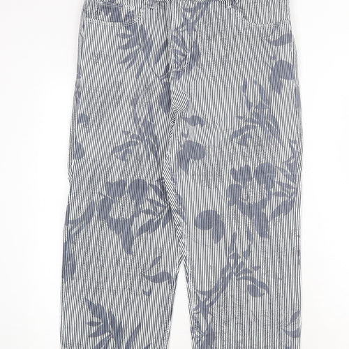 Stooker Womens Blue Striped Cotton Trousers Size 34 in Regular Zip - Flower Pattern