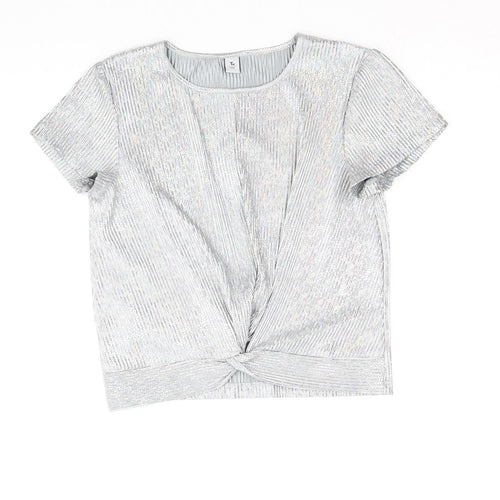 TU Girls Silver Polyester Basic T-Shirt Size 11 Years Scoop Neck Pullover - Metallic Knot Front