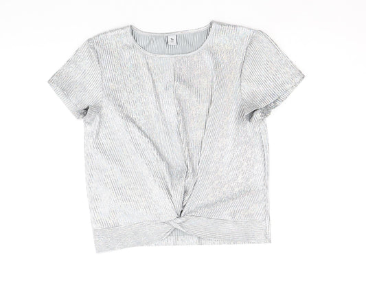TU Girls Silver Polyester Basic T-Shirt Size 11 Years Scoop Neck Pullover - Metallic Knot Front