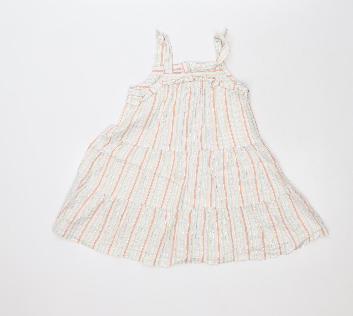 Nutmeg Girls White Striped Cotton A-Line Size 3-4 Years Square Neck Button