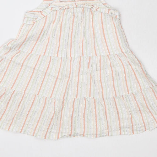 Nutmeg Girls White Striped Cotton A-Line Size 3-4 Years Square Neck Button