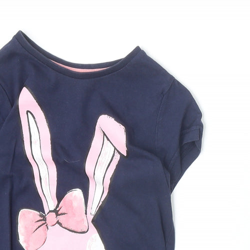 Young Dimension Girls Blue 100% Cotton Basic T-Shirt Size 5-6 Years Boat Neck Pullover - Bunny