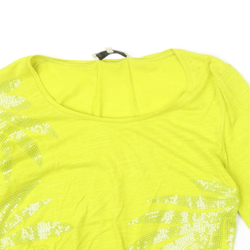 Jones New York Womens Yellow Geometric 100% Cotton Basic T-Shirt Size L Scoop Neck - Leaf Print
