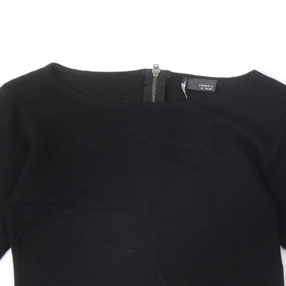 Sparkle & Fade Womens Black Acrylic Cropped T-Shirt Size S Boat Neck