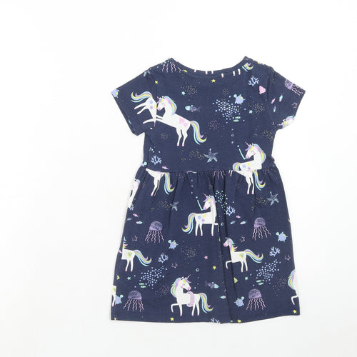 Blue Zoo Girls Blue Geometric Cotton Skater Dress Size 2-3 Years Round Neck Pullover - Unicorn