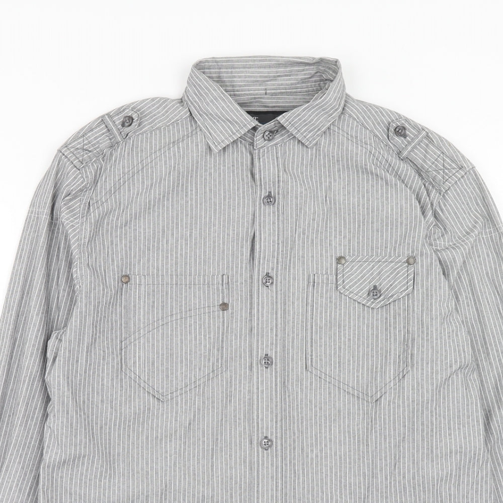 NEXT Mens Grey Striped Cotton Button-Up Size S Collared Button