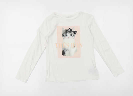 H&M Girls White Cotton Basic T-Shirt Size 6-7 Years Round Neck Pullover - Tres Bon Cat