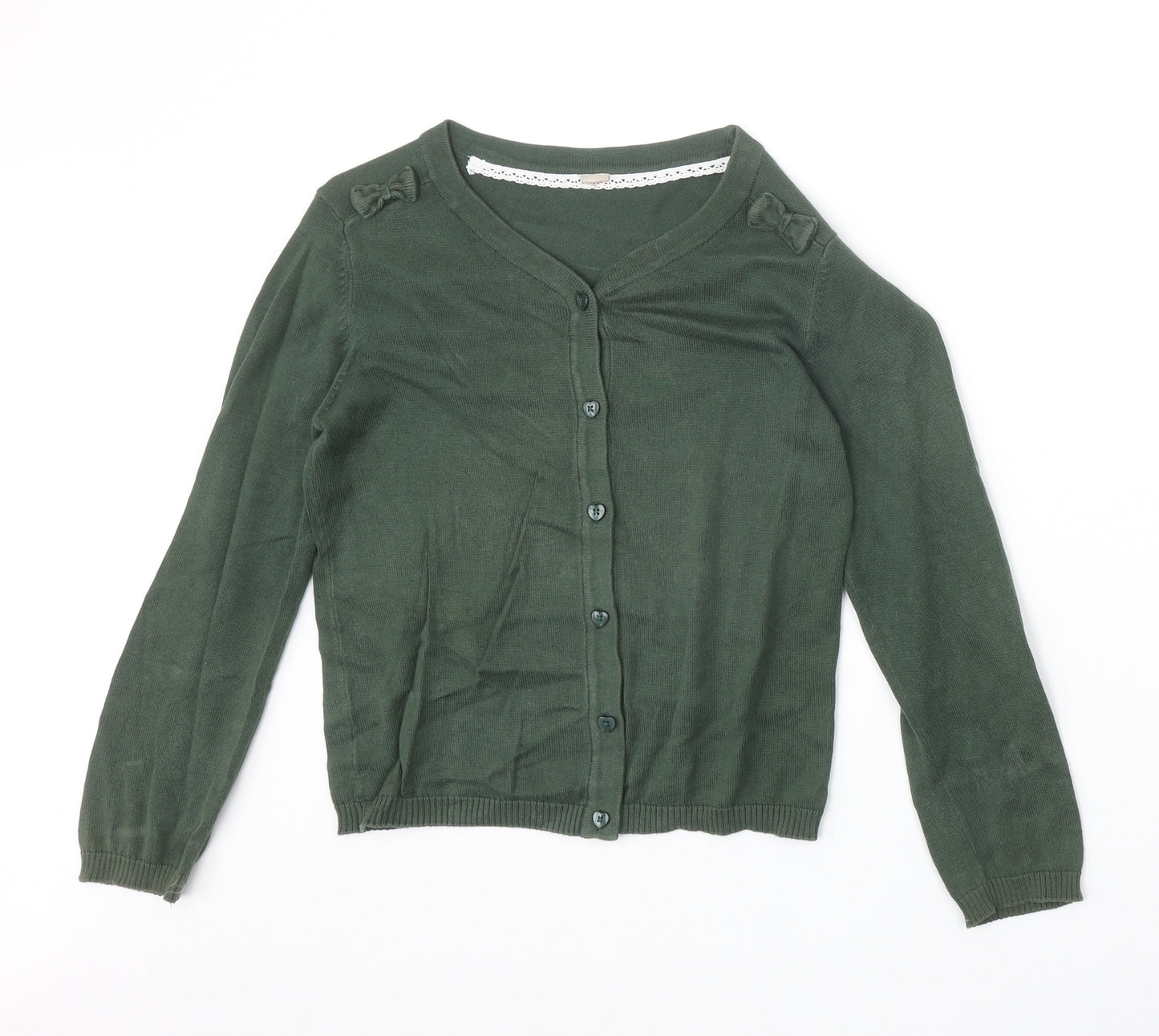 TU Girls Green V-Neck 100% Cotton Cardigan Jumper Size 9 Years Button