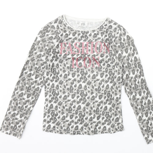 Young Dimension Girls Beige Animal Print Cotton Basic Casual Size 9-10 Years Round Neck Pullover - Leopard Pattern Fashion Icon