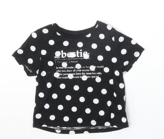 F&F Girls Black Polka Dot 100% Cotton Basic T-Shirt Size 6-7 Years Round Neck Pullover - Bestie Slogan