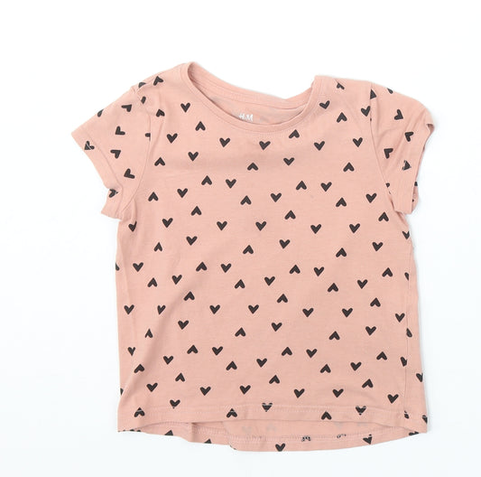 H&M Girls Pink Geometric 100% Cotton Basic T-Shirt Size 2-3 Years Round Neck Pullover - Heart Pattern