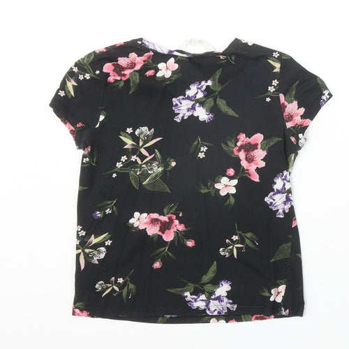 H&M Girls Black Floral 100% Cotton Basic T-Shirt Size 8-9 Years Round Neck Pullover - Awesome