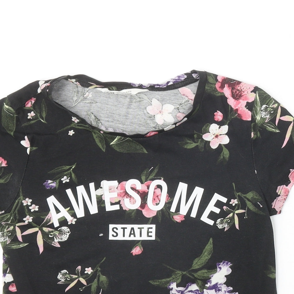 H&M Girls Black Floral 100% Cotton Basic T-Shirt Size 8-9 Years Round Neck Pullover - Awesome