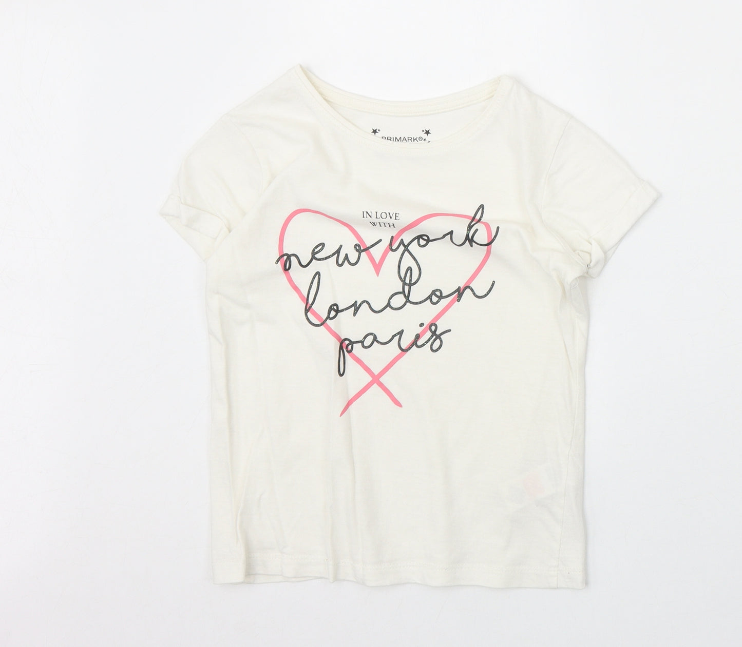 Primark Girls Ivory 100% Cotton Basic T-Shirt Size 7-8 Years Round Neck Pullover - New York, London, Paris