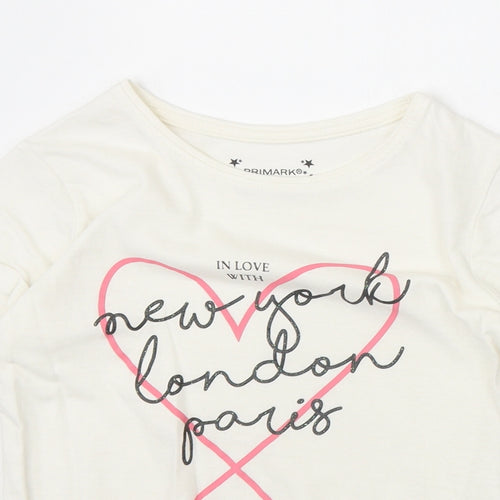 Primark Girls Ivory 100% Cotton Basic T-Shirt Size 7-8 Years Round Neck Pullover - New York, London, Paris