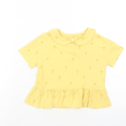 NEXT Girls Yellow Floral Cotton Basic T-Shirt Size 3-4 Years Collared Button