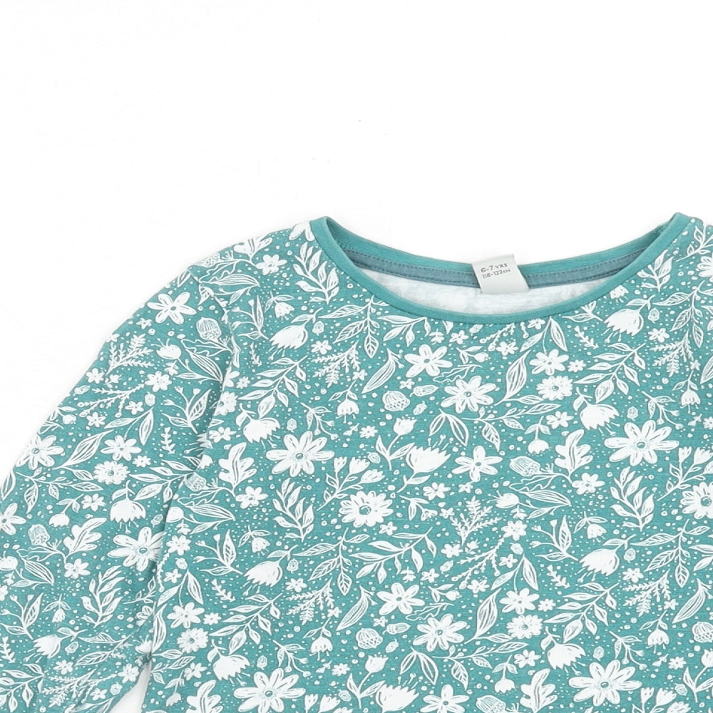 TU Girls Blue Floral Cotton Basic T-Shirt Size 6-7 Years Round Neck Pullover - Drop hem