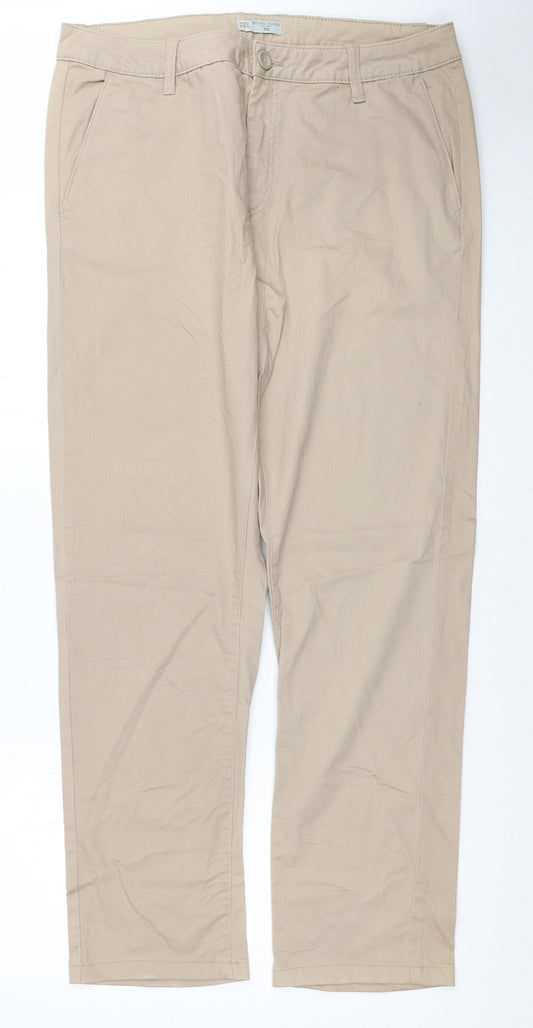 Modern Mens Beige Cotton Chino Trousers Size 34 in Regular Zip